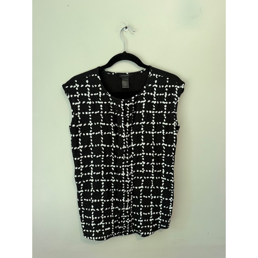 Ann Taylor Women Black White Abstract Grid Mixed Media Sleeveless Shell Top S